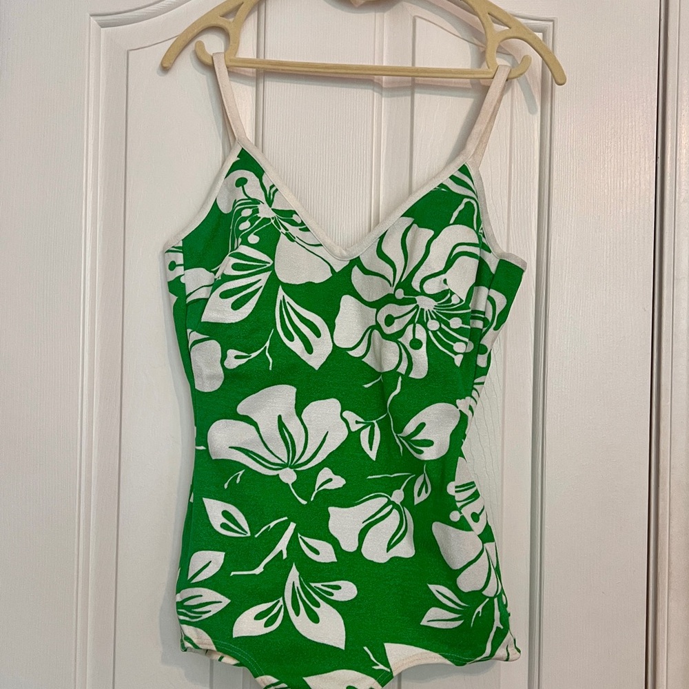 Vintage Retro Tropical Green and White Floral Swimsuit